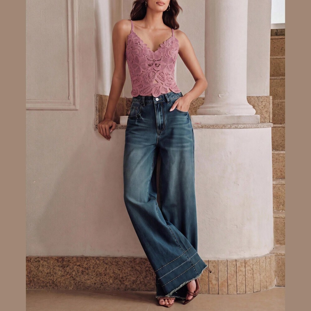 Rose Pink Lace Cami Top Crop - Picture 4 of 7